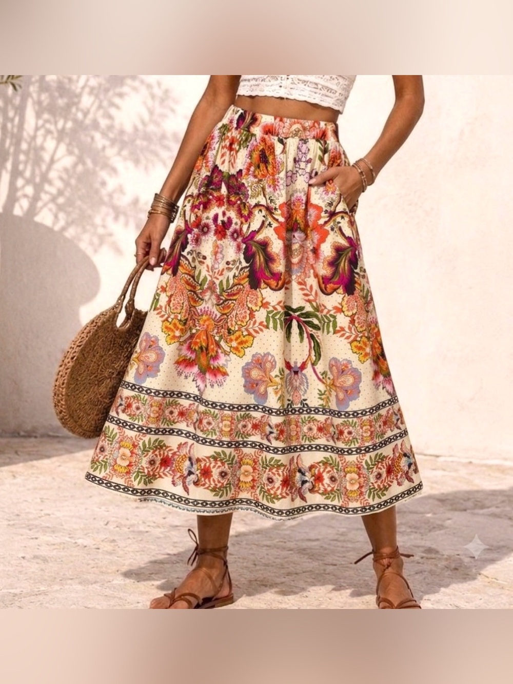 PHILOSOPHY BOHO FLORAL MIDI SKIRT 1X COTTON POCKETS COLORFUL TROPICAL RESORT